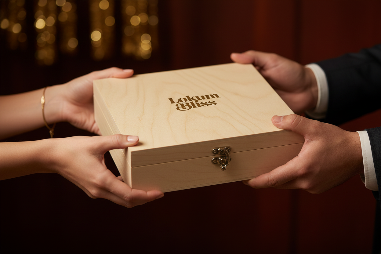 Lokum Bliss™ Premium Wooden Gift Box with laser engraved logo being handed over as a gift